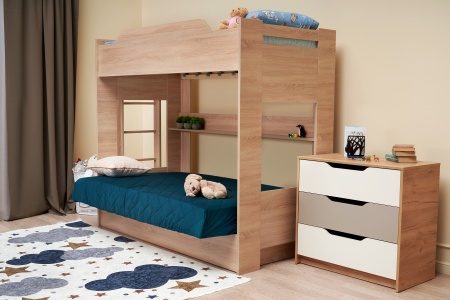 Двухъярусная кровать с диван-кроватью велюр синий / дуб сонома